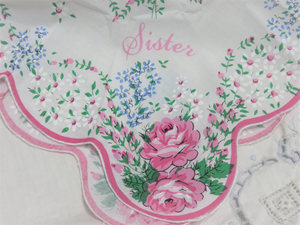 Shabby Pink Roses Sister Scalloped Edges Gift Hanky with Card