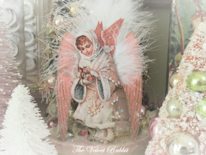 Victorian Pink Winged Snow Angel Die Cut Ornament with Feathers in Gift Box