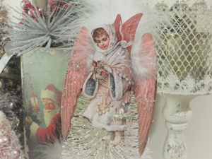 Victorian Pink Winged Snow Angel Ornament Feathers