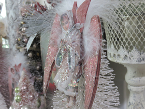 Victorian Pink Winged Snow Angel Ornament Feathers