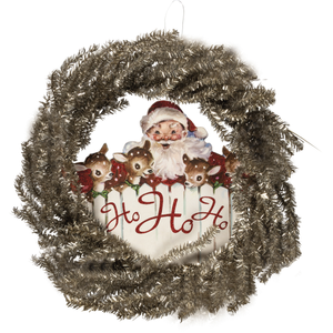 Vintage Retro Christmas Silver Tinsel Wreath with Santa and Reindeer