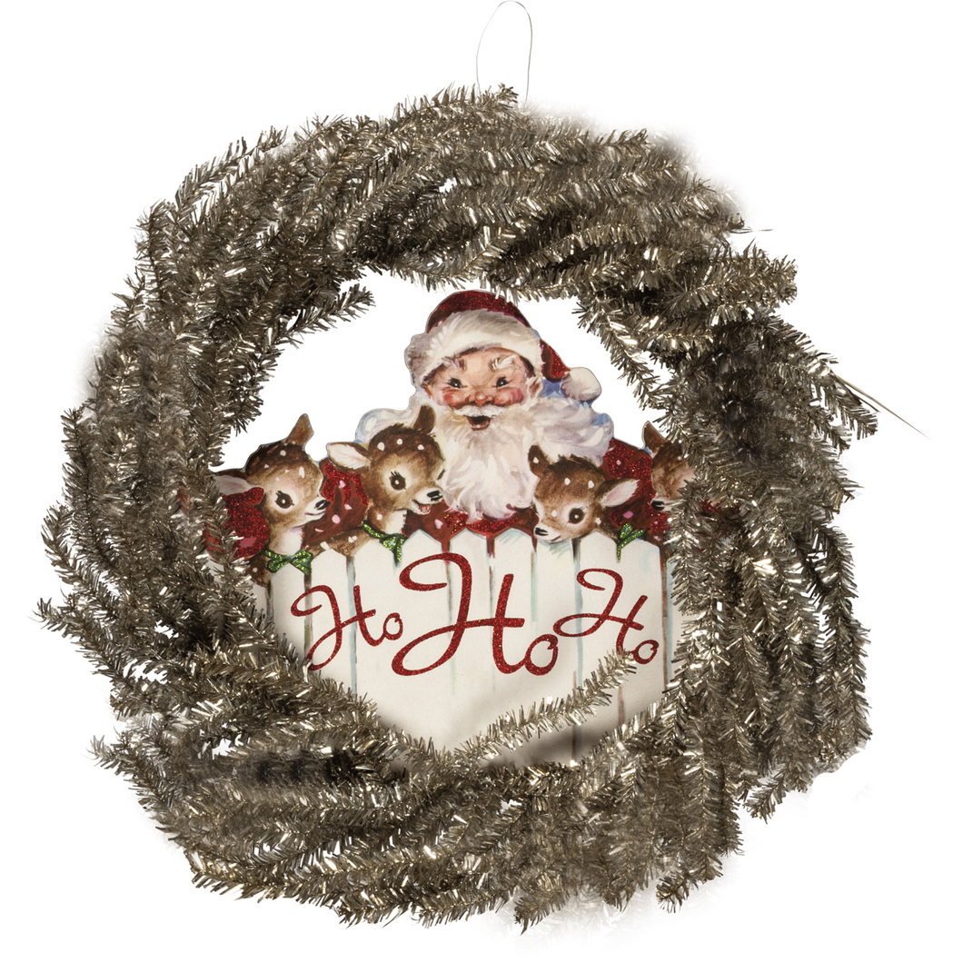 Vintage Retro Christmas Silver Tinsel Wreath with Santa and Reindeer