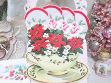 Load image into Gallery viewer, Pink Roses and Holly Gift Hanky in Poinsettia Teacup Basket Card by Luray