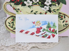 Load image into Gallery viewer, Vintage Inspired Luray Gift Hanky Candy Cane Sleigh Girl Card closeup 
