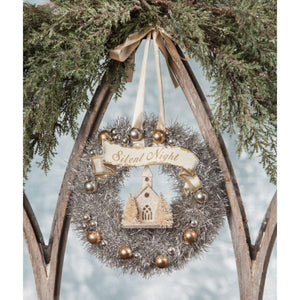 Bethany Lowe Designs Peaceful Wreath with Silent Night Banner, Church, Bottle Brush Trees