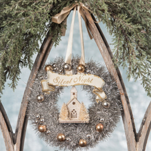 Load image into Gallery viewer, Peaceful Tinsel Wreath by Bethany Lowe Designs, with Silent Night Banner, Church, Trees