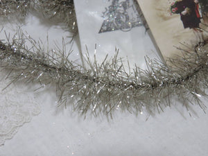 Vintage Style Christmas Silver Tinsel Twine Garland in Gift Box with Victorian Postcard Art, Gift Tag