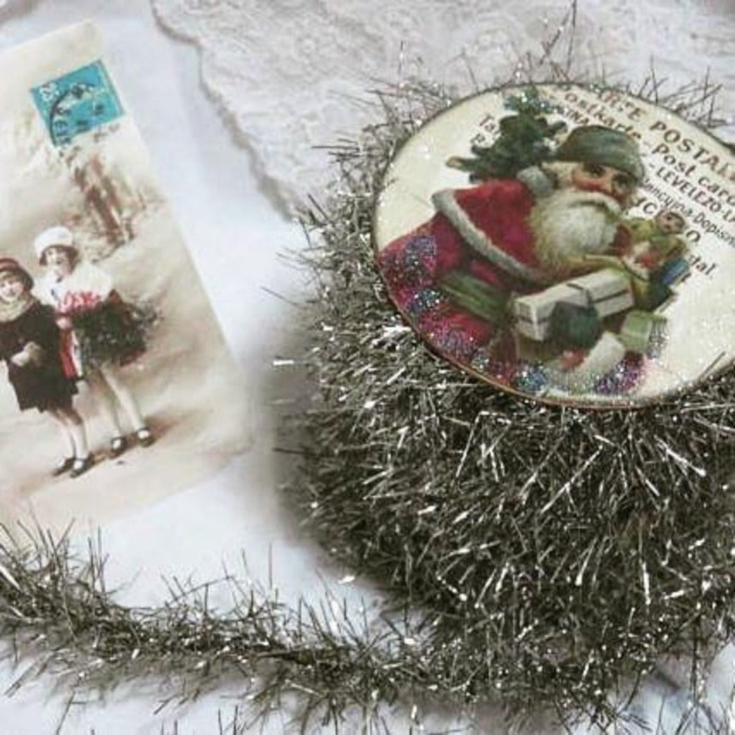 Vintage Style Christmas Tinsel Twine Garland in Gift Box with Victorian Postcard Art, Gift Tag