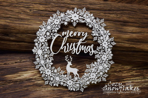 SnipArt Cozy Snowflakes, 3D Wreath with Deer and Merry Christmas Sentiment in Snowflakes Round Frame