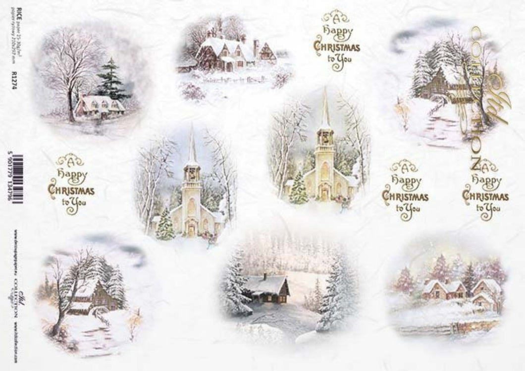 Snowy Church and Houses Minis Rice Paper by ITD Collection, R1274, A4