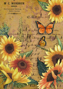 Sunflowers and Monarch Butterly Rice Paper by Decoupage Queen, A4 Size