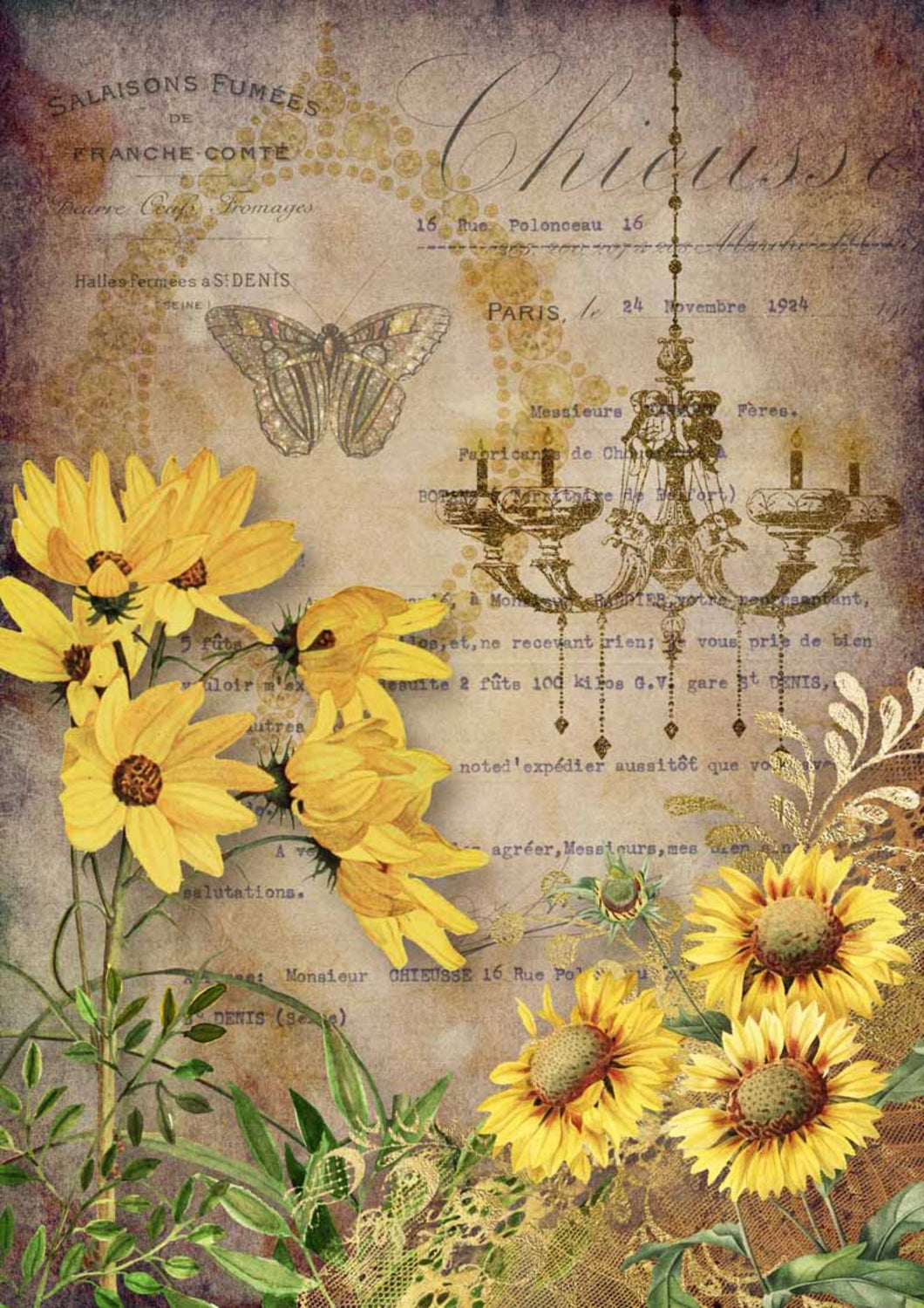 Elegant Sunflowers with Chandelier Rice Paper by Decoupage Queen, French Inspired, A4