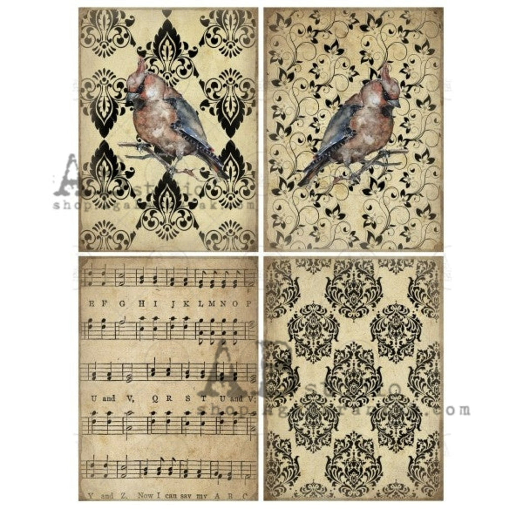 Tan Damask Bird Rice Paper 0492 by ABstudio, A4