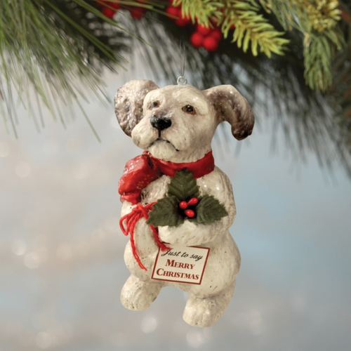 Bethany Lowe Terrier Puppy with Holly Christmas Dog Ornament with Merry Chrismas Sign