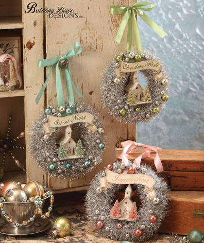 Bethany Lowe Pastel Tinsel Wreath with Church, Bottle Brush Tree, Color Options