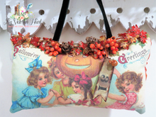 Load image into Gallery viewer, Darling Victorian Fall Halloween Door Hanger Pillow with Gift Box, Tag, Frances Brundage