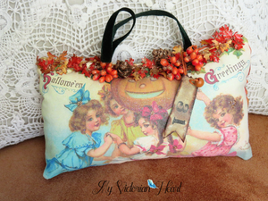 Darling Victorian Fall Halloween Door Hanger Pillow with Gift Box, Tag, Frances Brundage