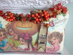 Darling Victorian Fall Halloween Door Hanger Pillow with Gift Box, Tag, Frances Brundage
