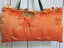 Load image into Gallery viewer, Back View Pumpkin Colored Ruched Fabric on Victorian Fall Halloween Door Hanger Pillow, Gift Box, Tag, Frances Brundage