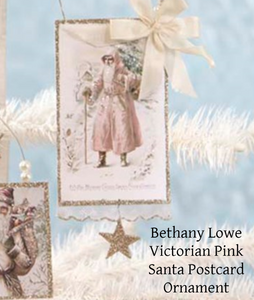 Bethany Lowe Pastel Christmas Postcard Ornament featuring a Pink Cloaked Victorian Santa