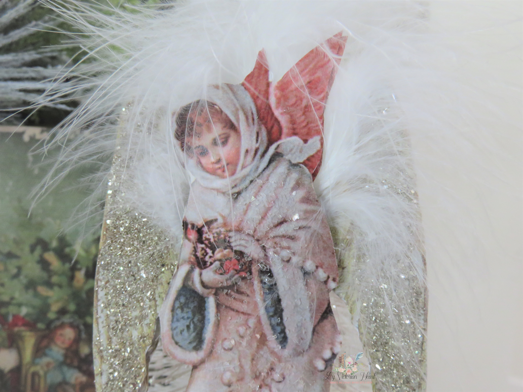 Victorian Snow Angel Christmas Ornament with Feathers, Pink and Glittered Wings