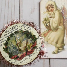 Load image into Gallery viewer, Vintage Style Silver Christmas Tinsel on Spool with Snowy Victorian Church Art