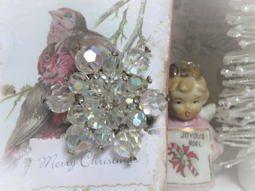 Sparkling Vintage Aurora Borealis and Rhinestone Snowflake Holiday Jewelry Brooch