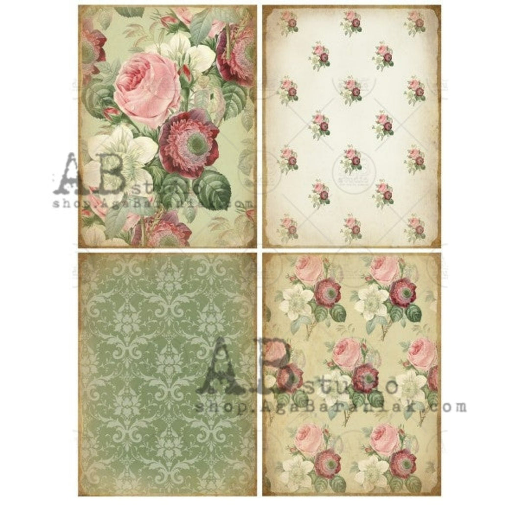 Vintage Rose Patterns Rice Paper 0491 by ABstudio, Old Wallpaper, Roses, Damask