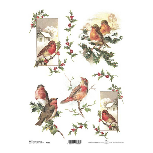 Winter Holly Birds Rice Paper by ITD Collection, R0595, Vintage Robin Bird