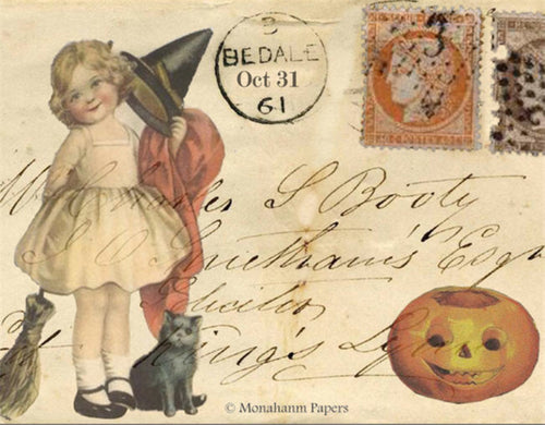 Witchy Girl with Cat and Broom by Monahan Papers, Victorian Halloween, 8 x 10