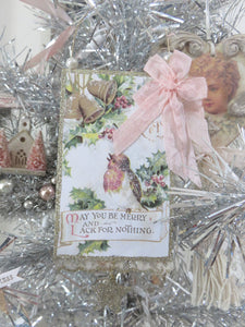 Bethany Lowe Victorian Christmas Postcard Bird Holly Ornament in Gift Box