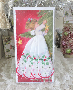 Vintage Style Christmas Angel Holly Hankie Gift Card, Stocking Stuffer, Luray, Shown in clear package