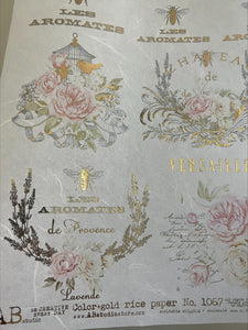 Gilded Pink Rose French Labels Rice Paper , 1067 by ABstudio for decoupage, A4